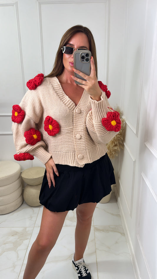 LUNA taupe 3D flower detail cardigan