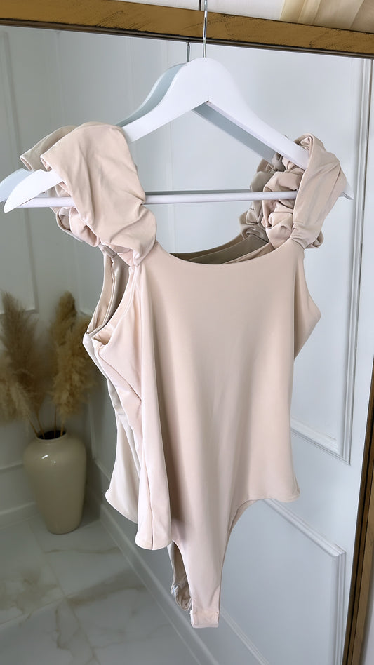 KYLIE beige frill shoulder slinky bodysuit