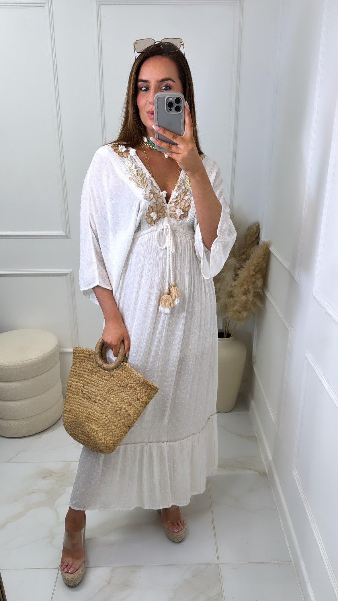 JEMMA peach embroidered linen maxi dress