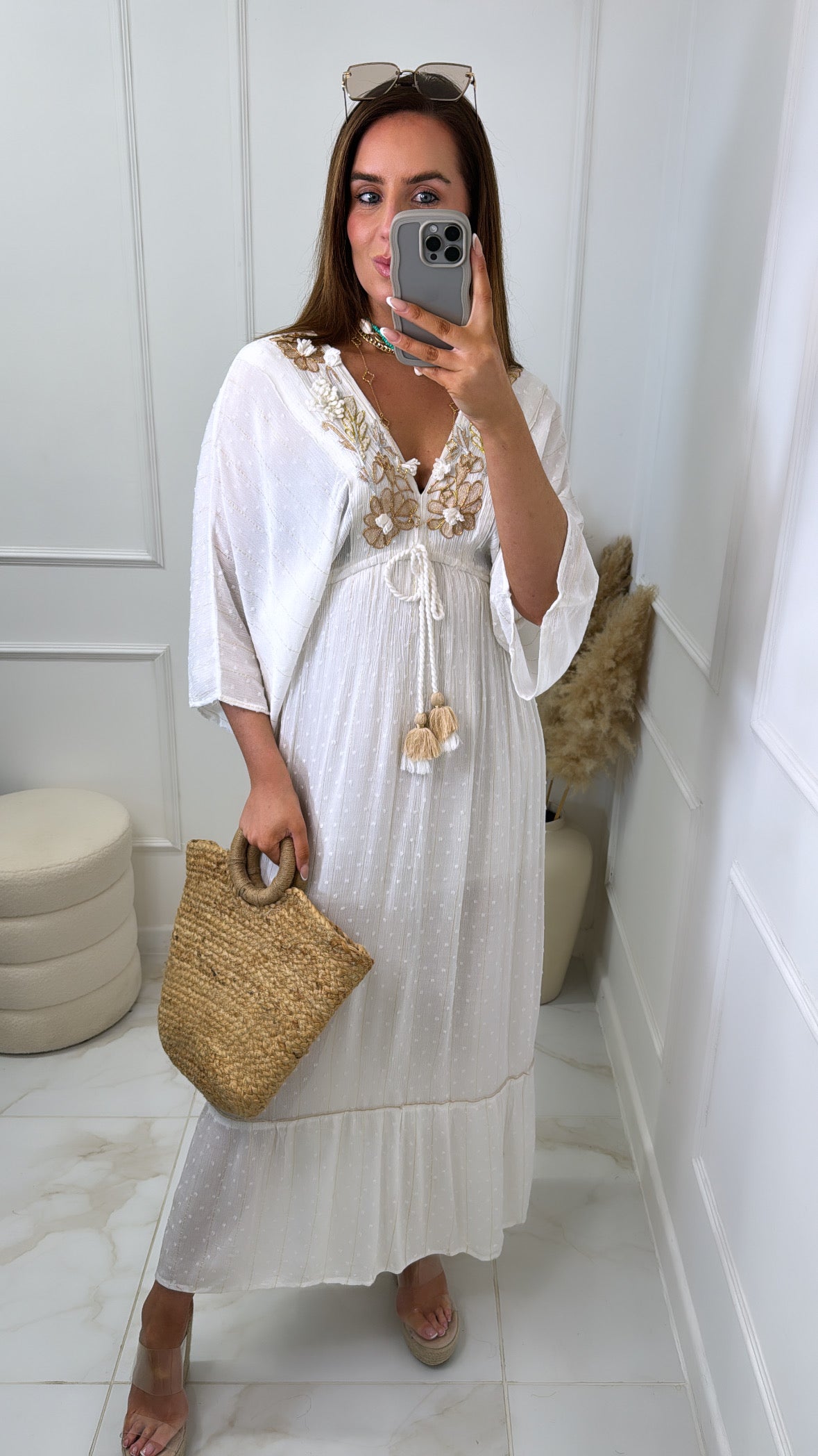 JEMMA peach embroidered linen maxi dress