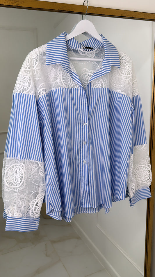 HARPER blue pinstripe lace shirt