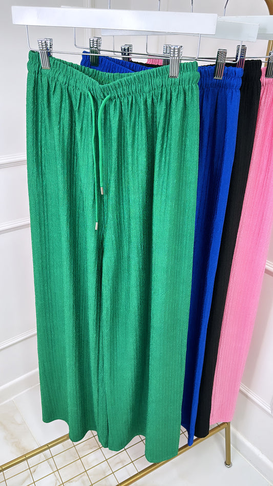 LOLA green textured wide leg trousers