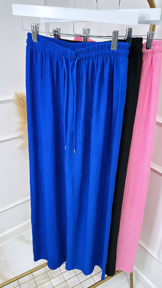 LOLA cobalt blue textured wide leg trousers