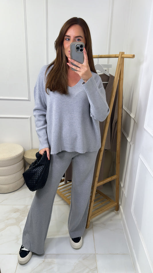 NINA grey soft knit v neck lounge set