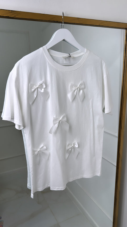 ELLA white satin bow t-shirt