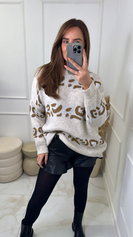 ISABELLA cream leopard stripe longline jumper