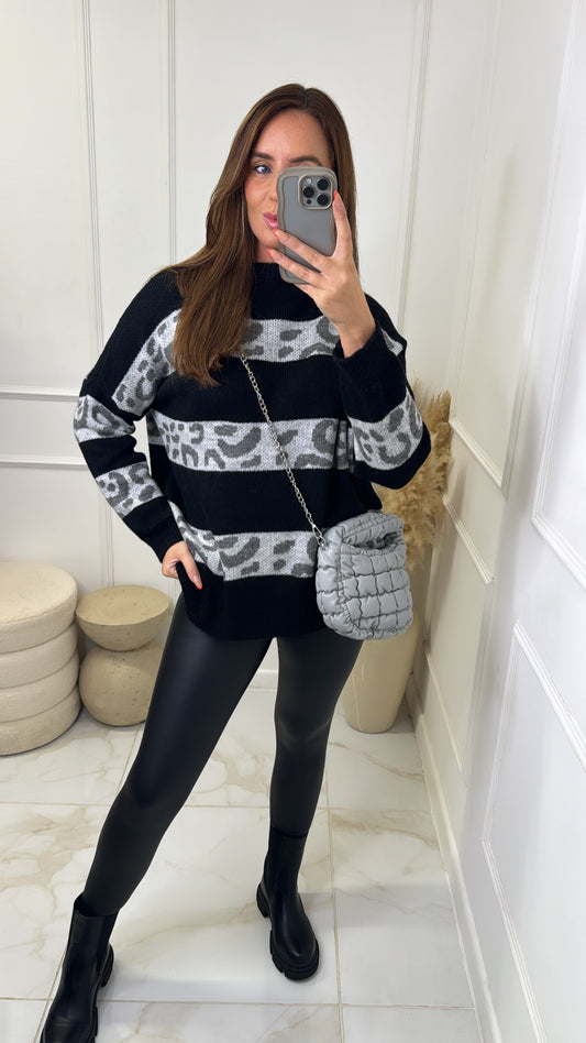 ISABELLA black leopard stripe longline jumper