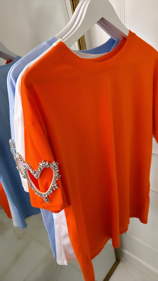 CLAIRE orange heart rhinestone t-shirt