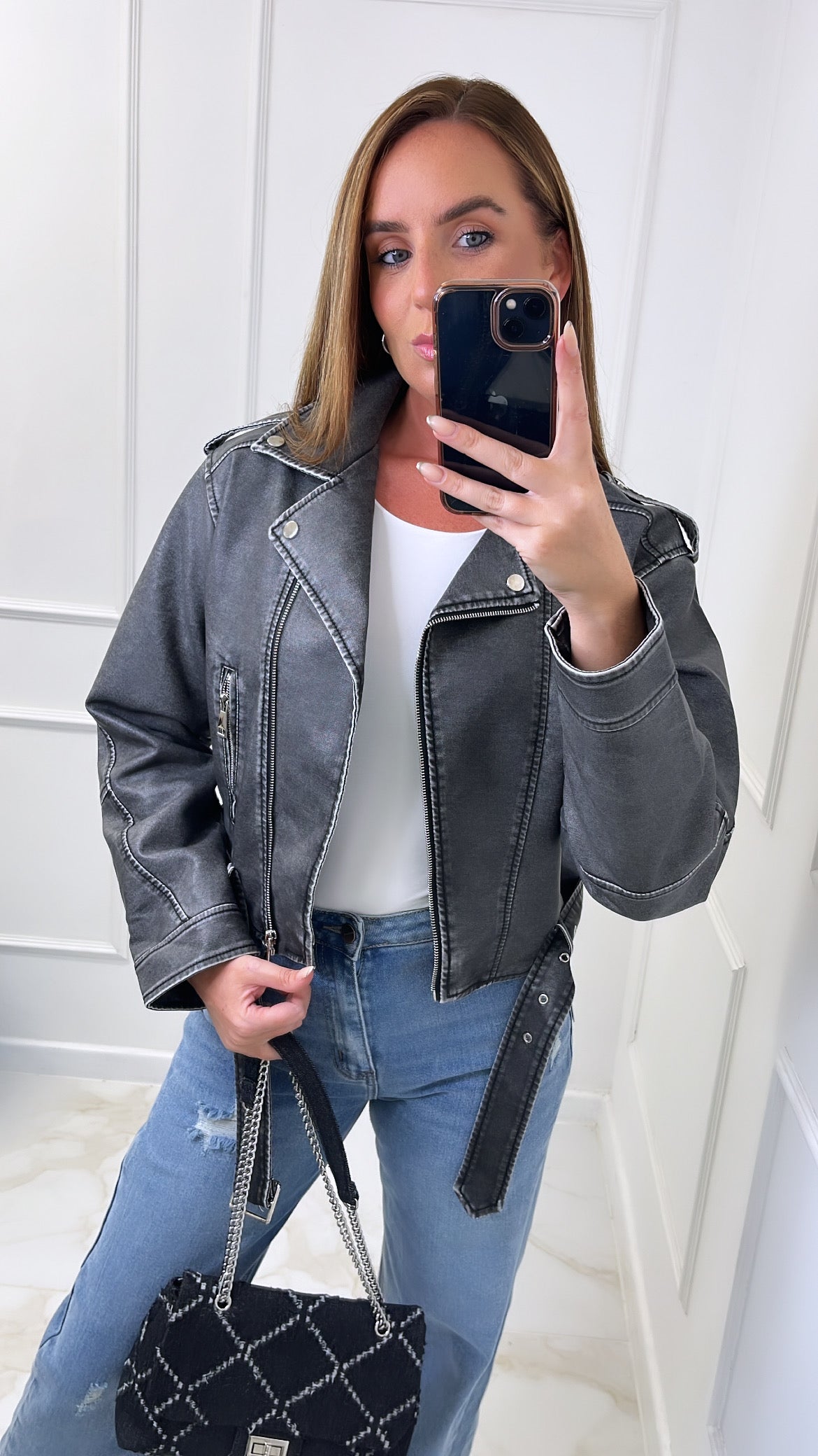 ZARAH black wash PU biker jacket