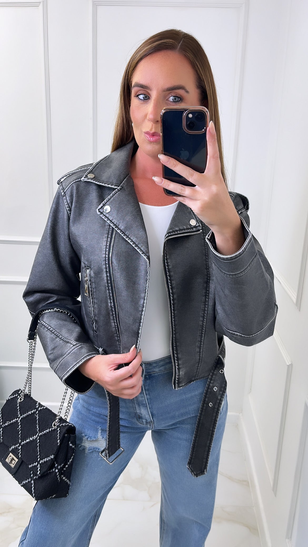 ZARAH black wash PU biker jacket