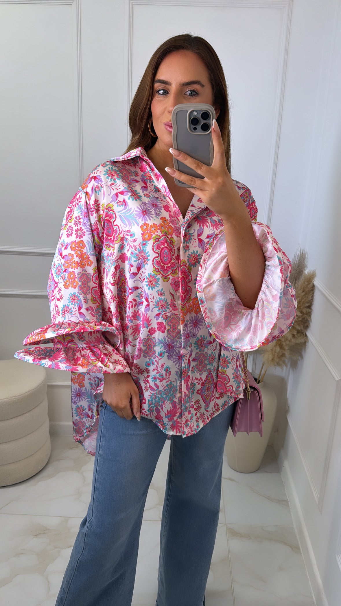 EDEN pink printed satin exaggerated cuff shirt