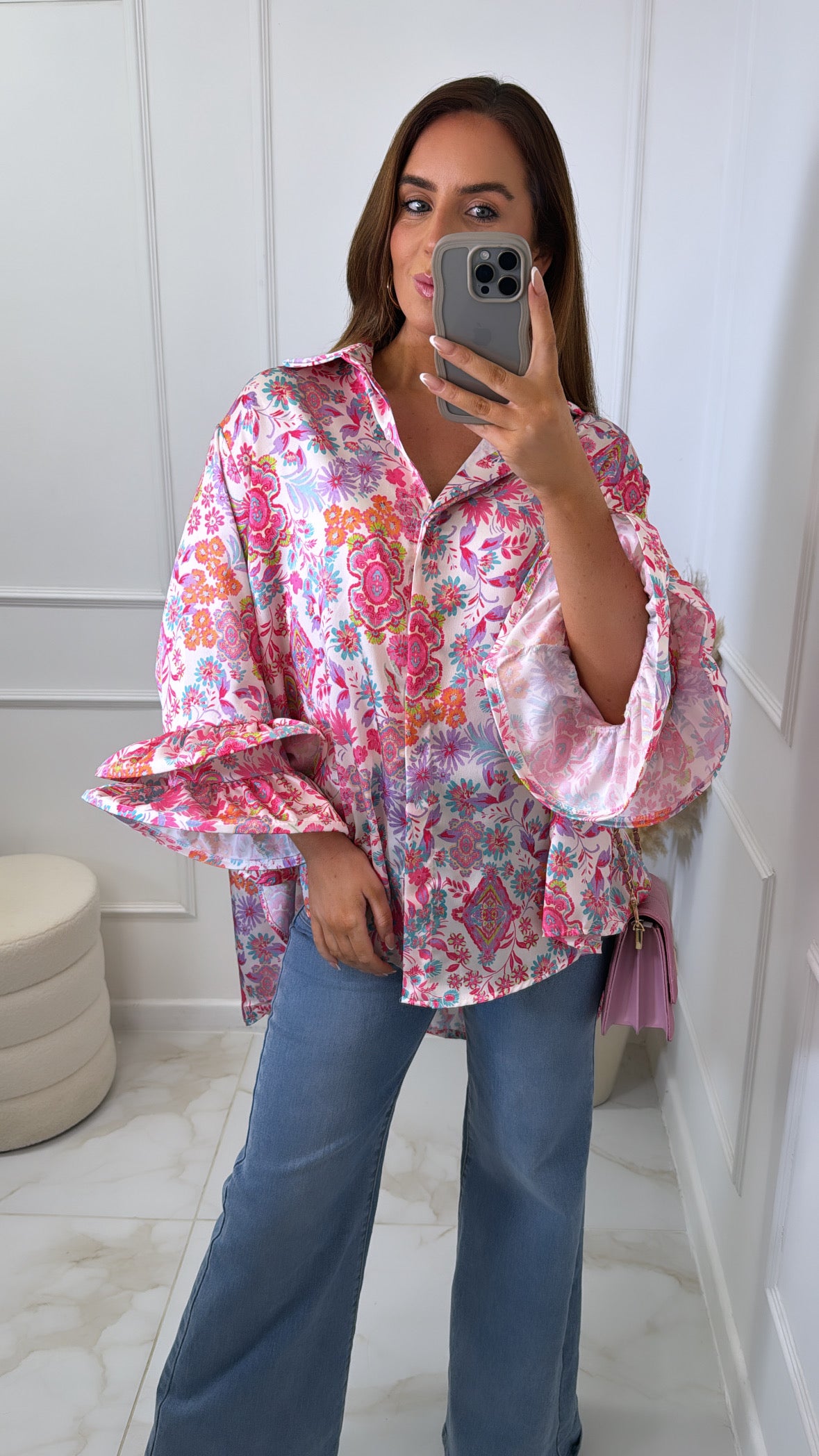 EDEN pink printed satin exaggerated cuff shirt