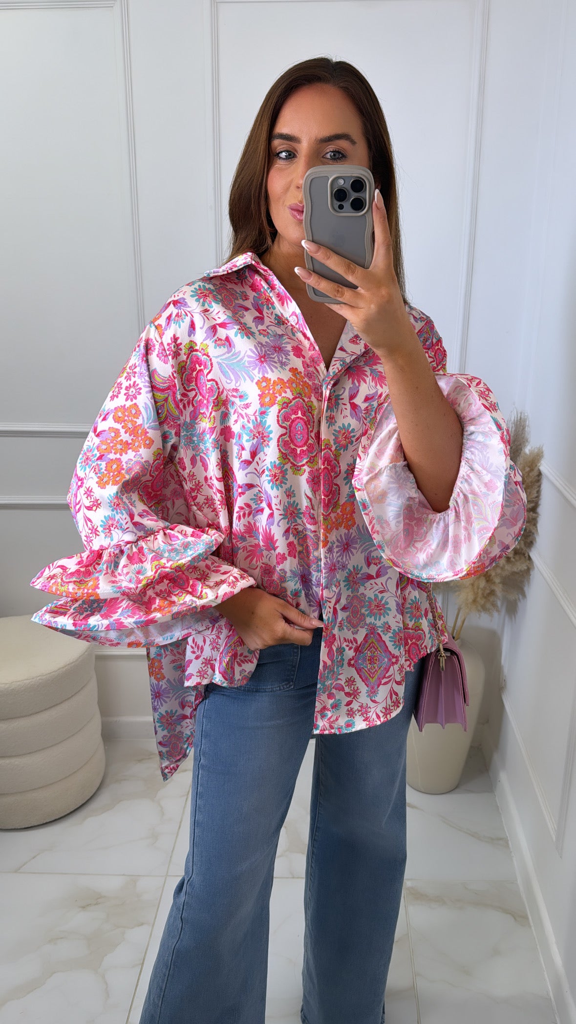 EDEN pink printed satin exaggerated cuff shirt