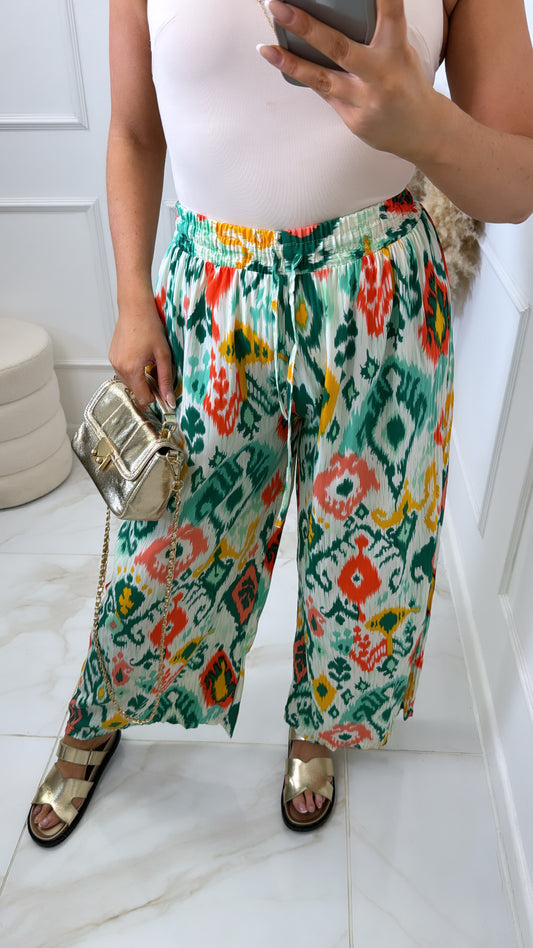 KINSLEY green tribal pleated trousers