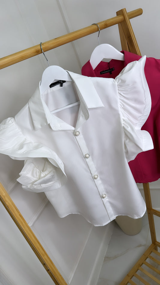 MASIE white frill sleeve boxy blouse