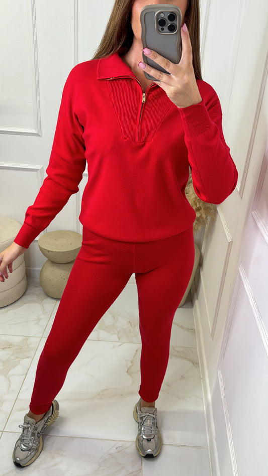 HARPER red soft knit half zip lounge set