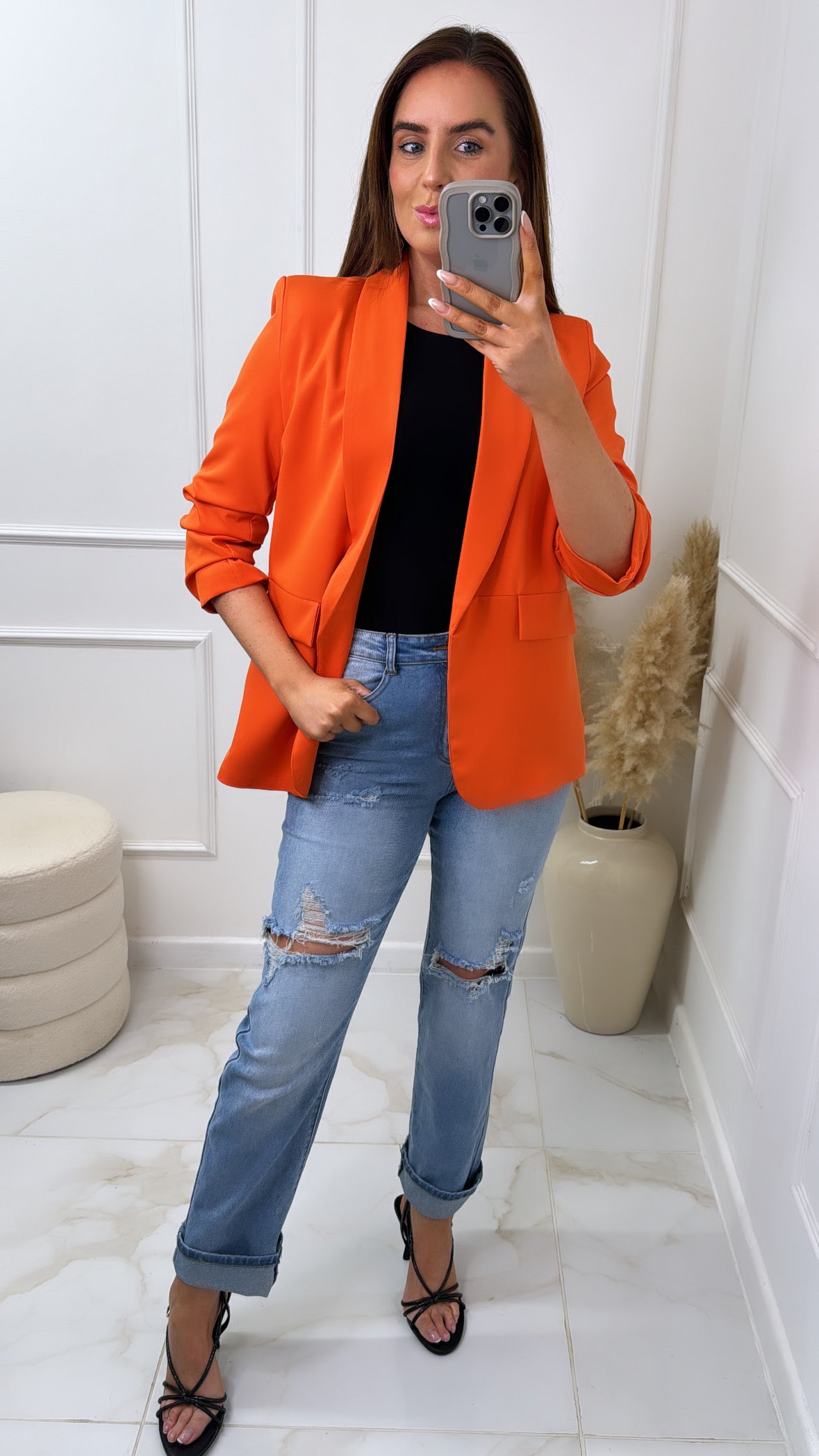 LACEY orange ruched sleeve blazer