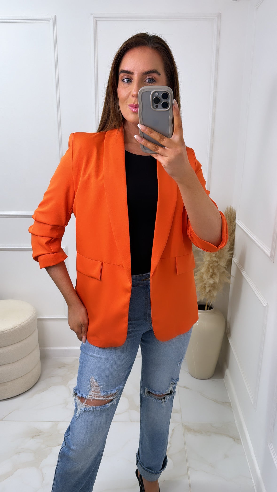 LACEY orange ruched sleeve blazer