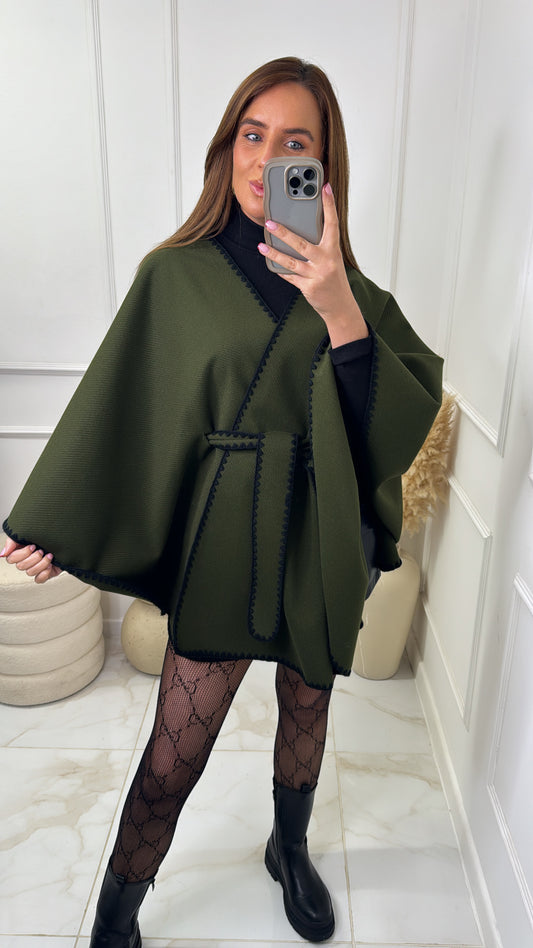 SADIE khaki blanket stitch cape