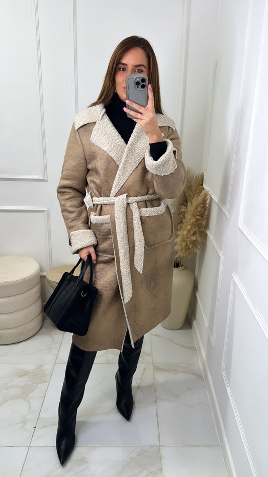 KENDRA beige faux suede shearling tie belt jacket