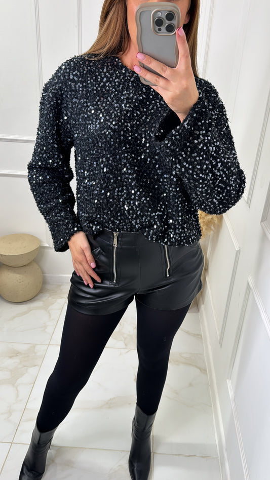 HAILEY black long sleeve sequin blouse