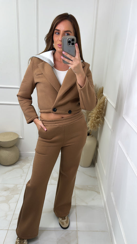 HOLLIE camel hooded blazer wide leg lounge set