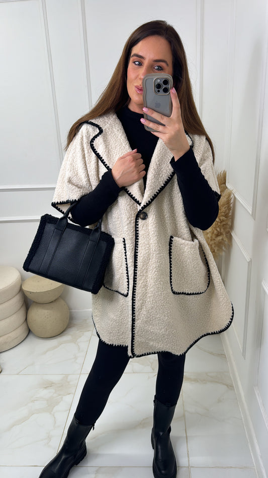 BECCA beige stitched teddy oversized hooded jacket