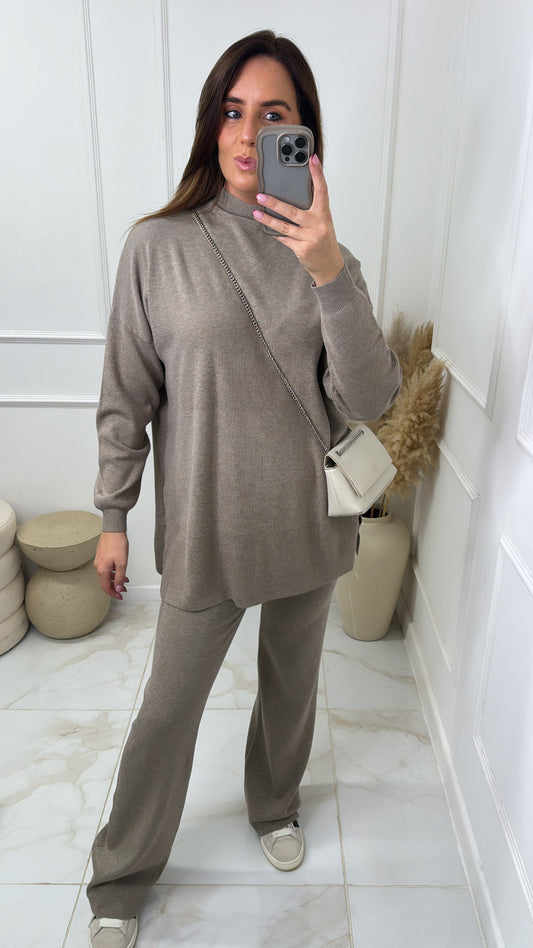 HAYLEY taupe high neck wide leg knit lounge set