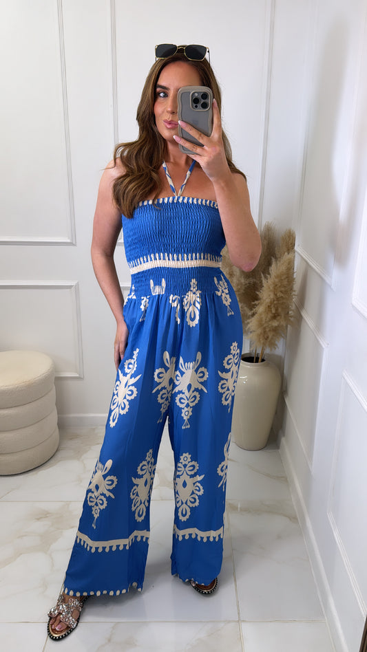 BAILEY blue halter neck wide leg jumpsuit