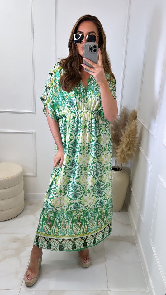 ELLIE green printed silky maxi dress