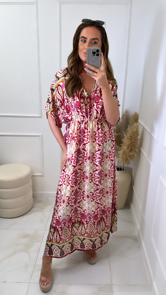 ELLIE pink printed silky maxi dress