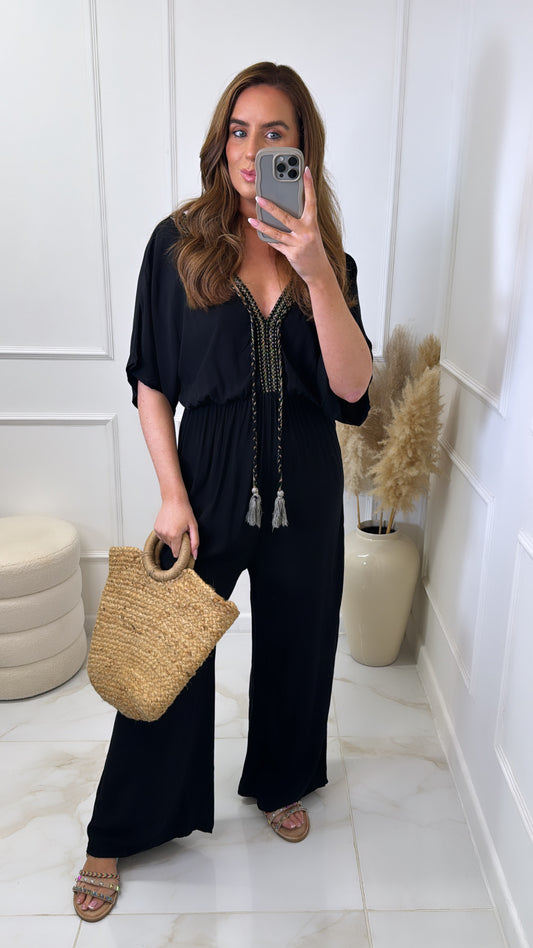 ADELE black embroidered tassel jumpsuit