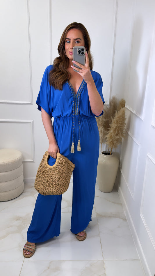 ADELE blue embroidered tassel jumpsuit