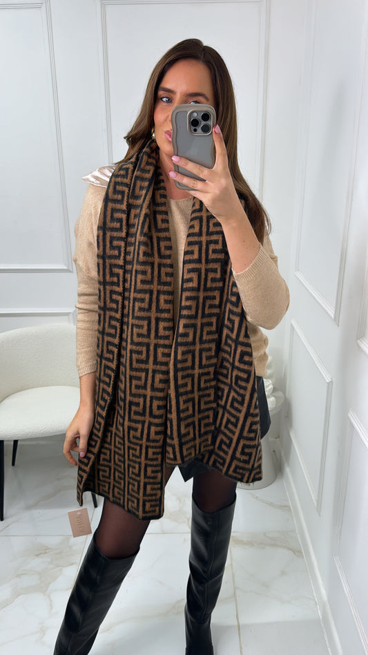 MILLIE black & camel motif scarf