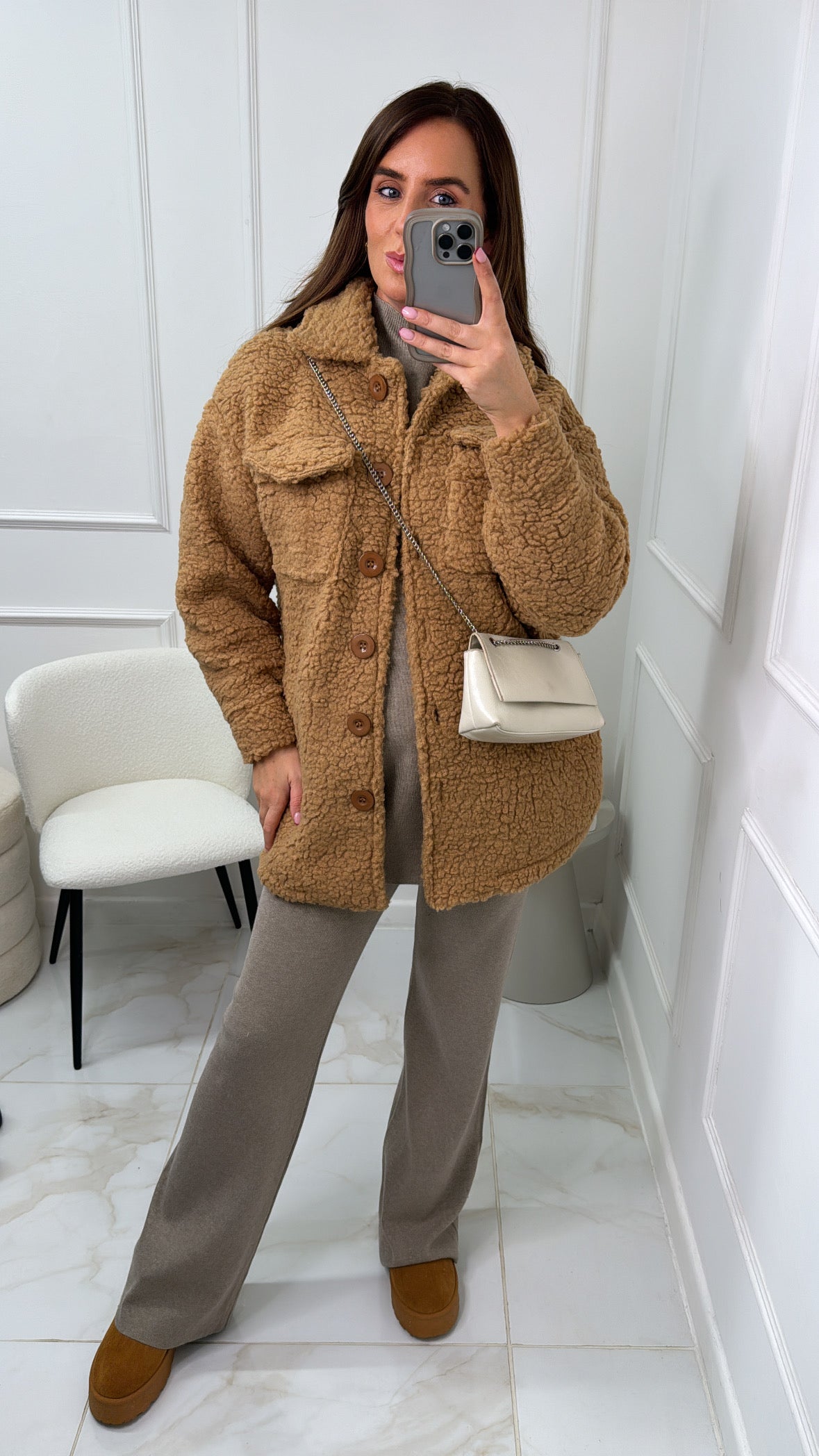 ERIN camel teddy longline shacket