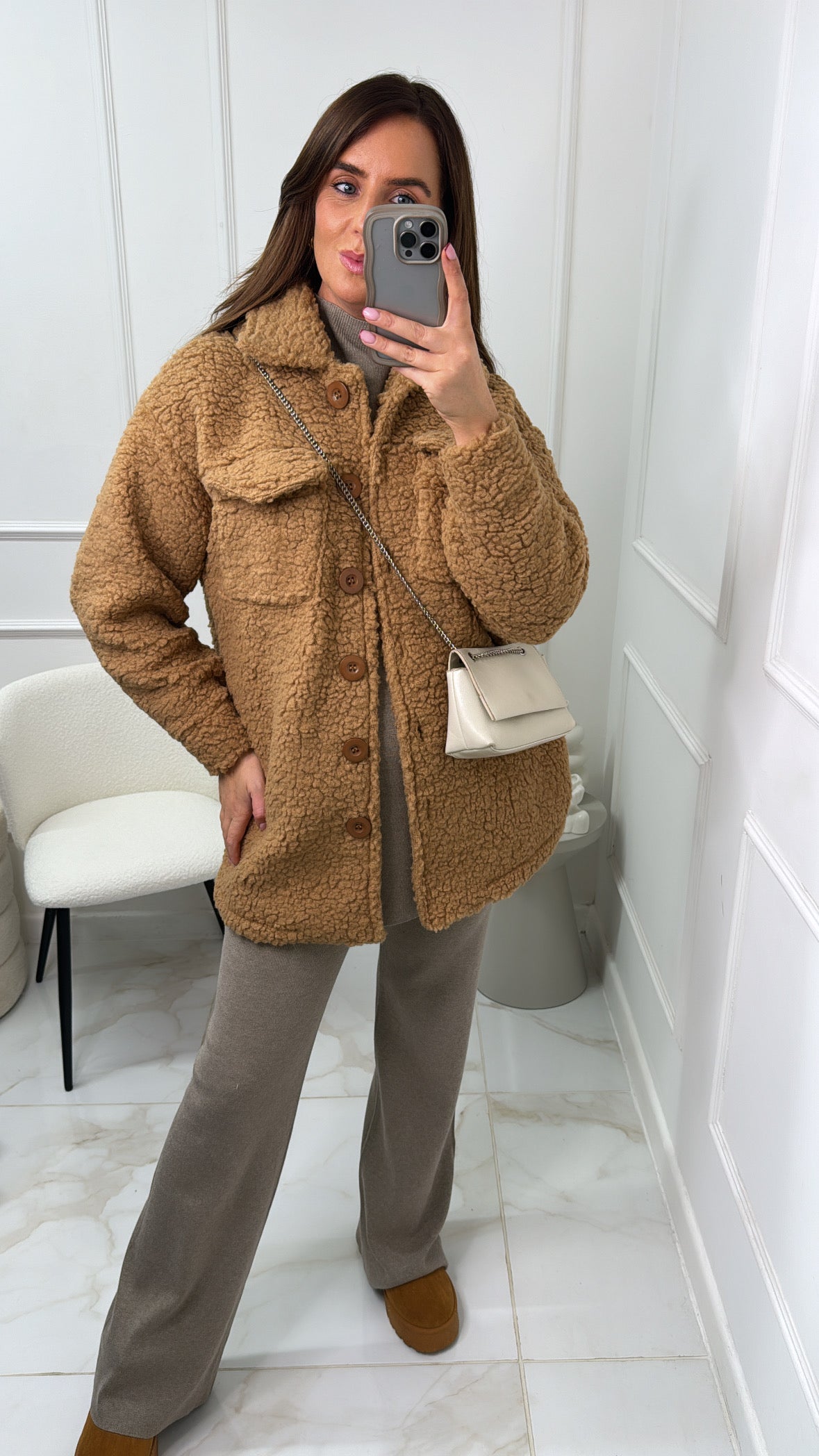 ERIN camel teddy longline shacket