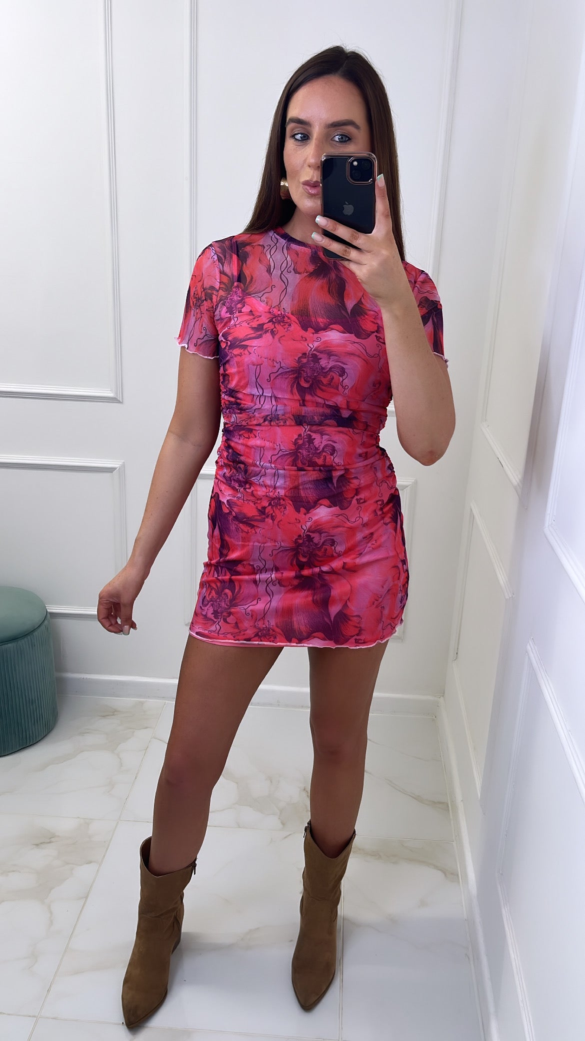 GINA pink printed mesh mini dress