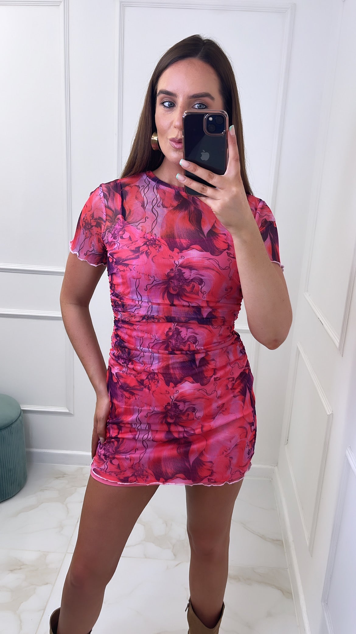 GINA pink printed mesh mini dress