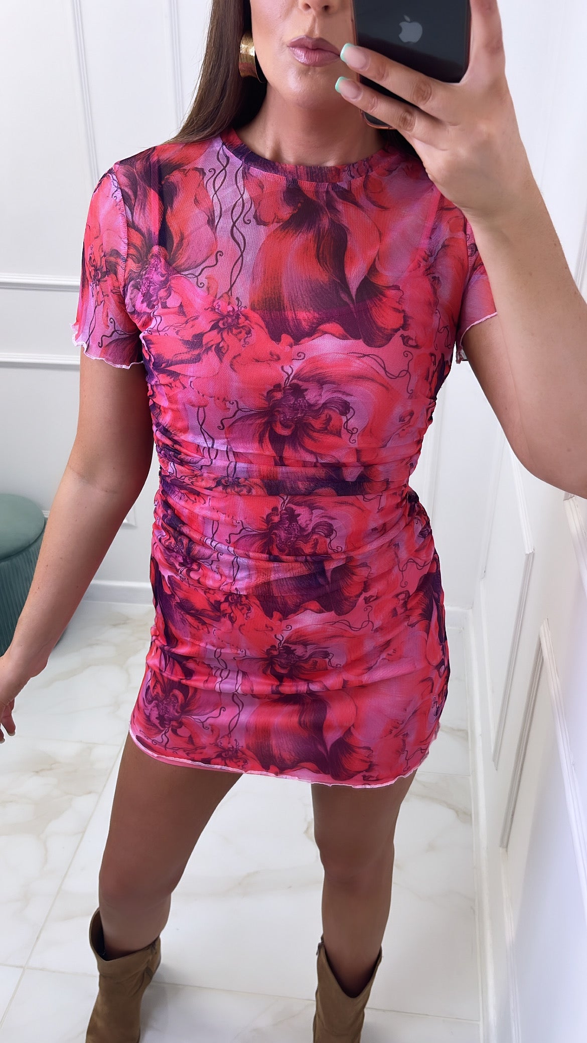 GINA pink printed mesh mini dress