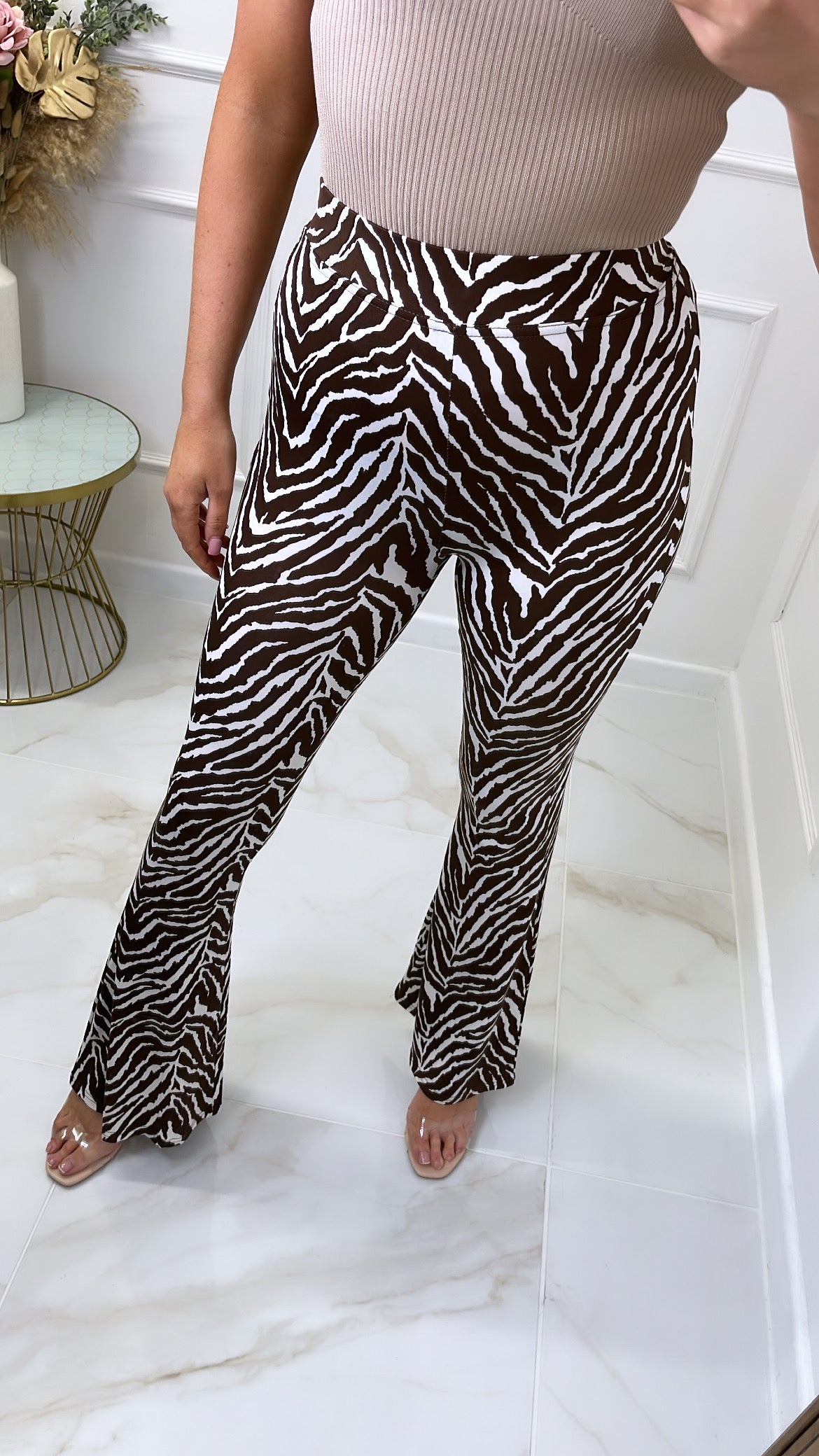 BETH brown zebra slinky flared trousers