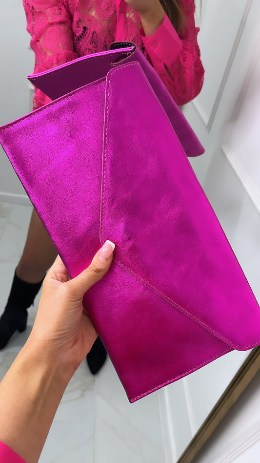 LUNA fuchsia metallic clutch bag