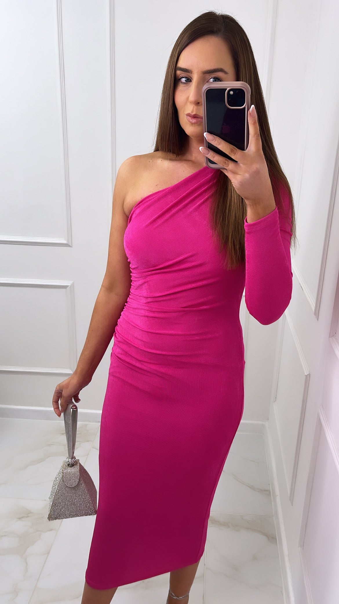 ISABELLA hot pink one shoulder midi dress