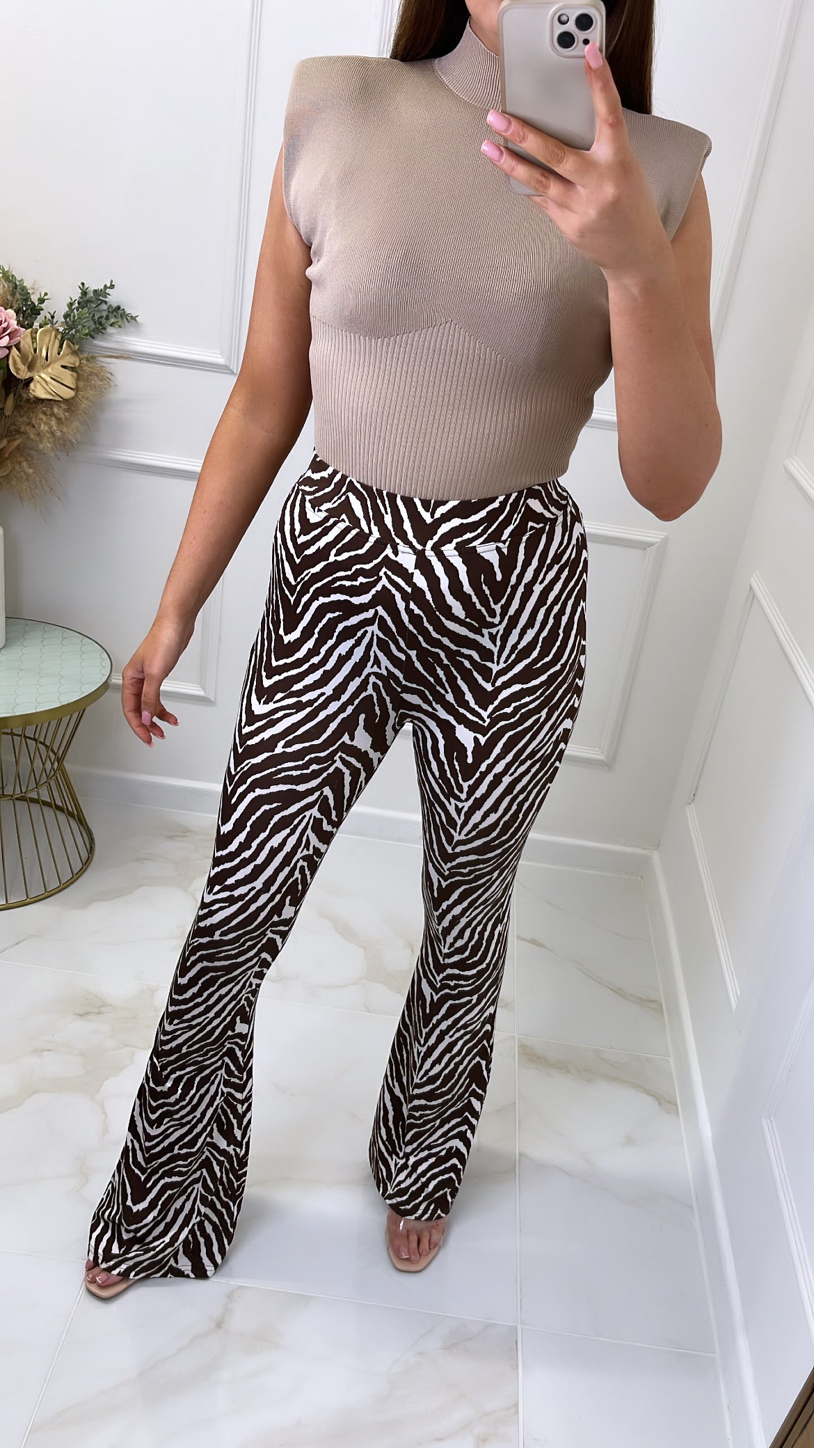 BETH brown zebra slinky flared trousers